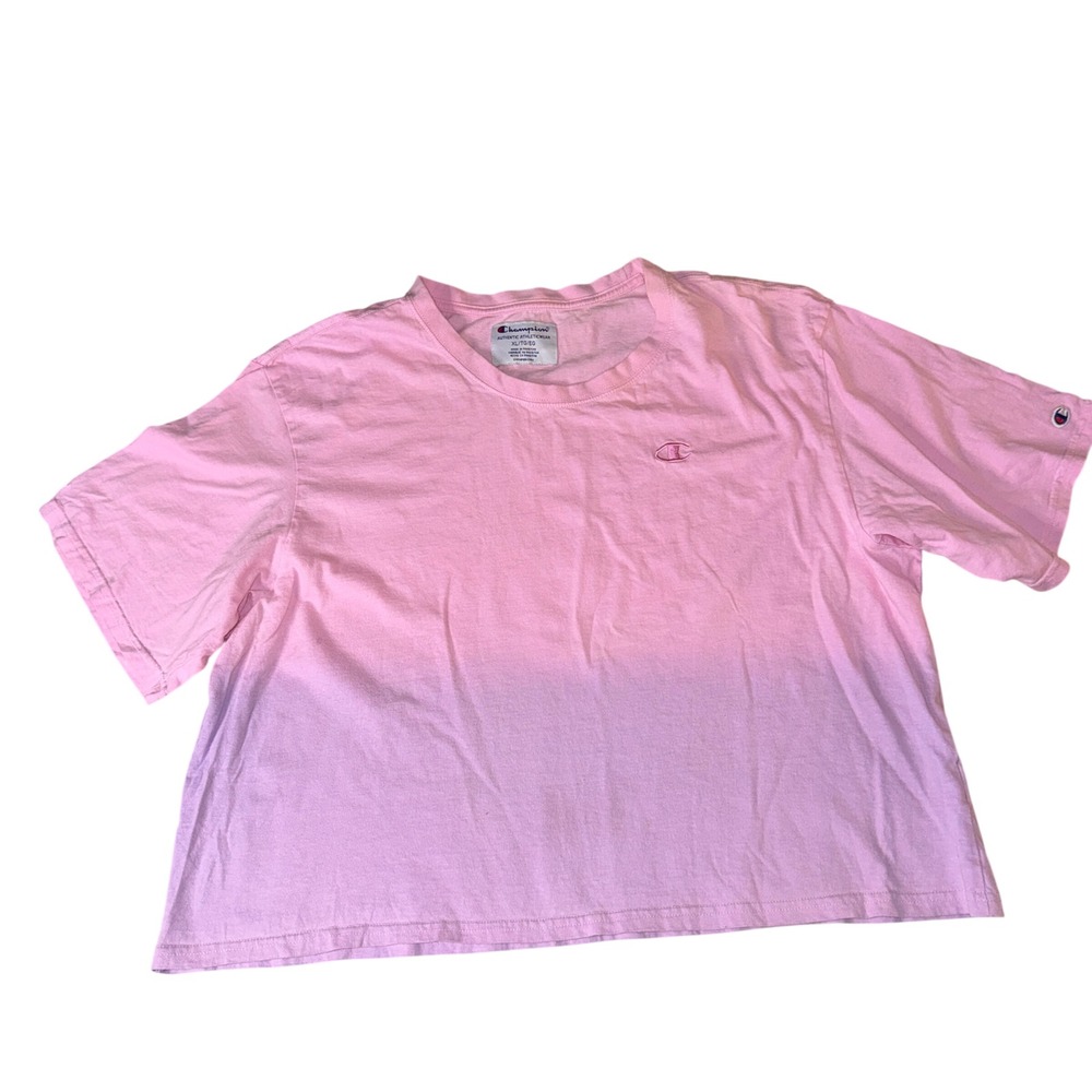 Champion Cropped T-Shirt XL Pink Ombre Dip Dye Short Sleeve Embroidered Logo